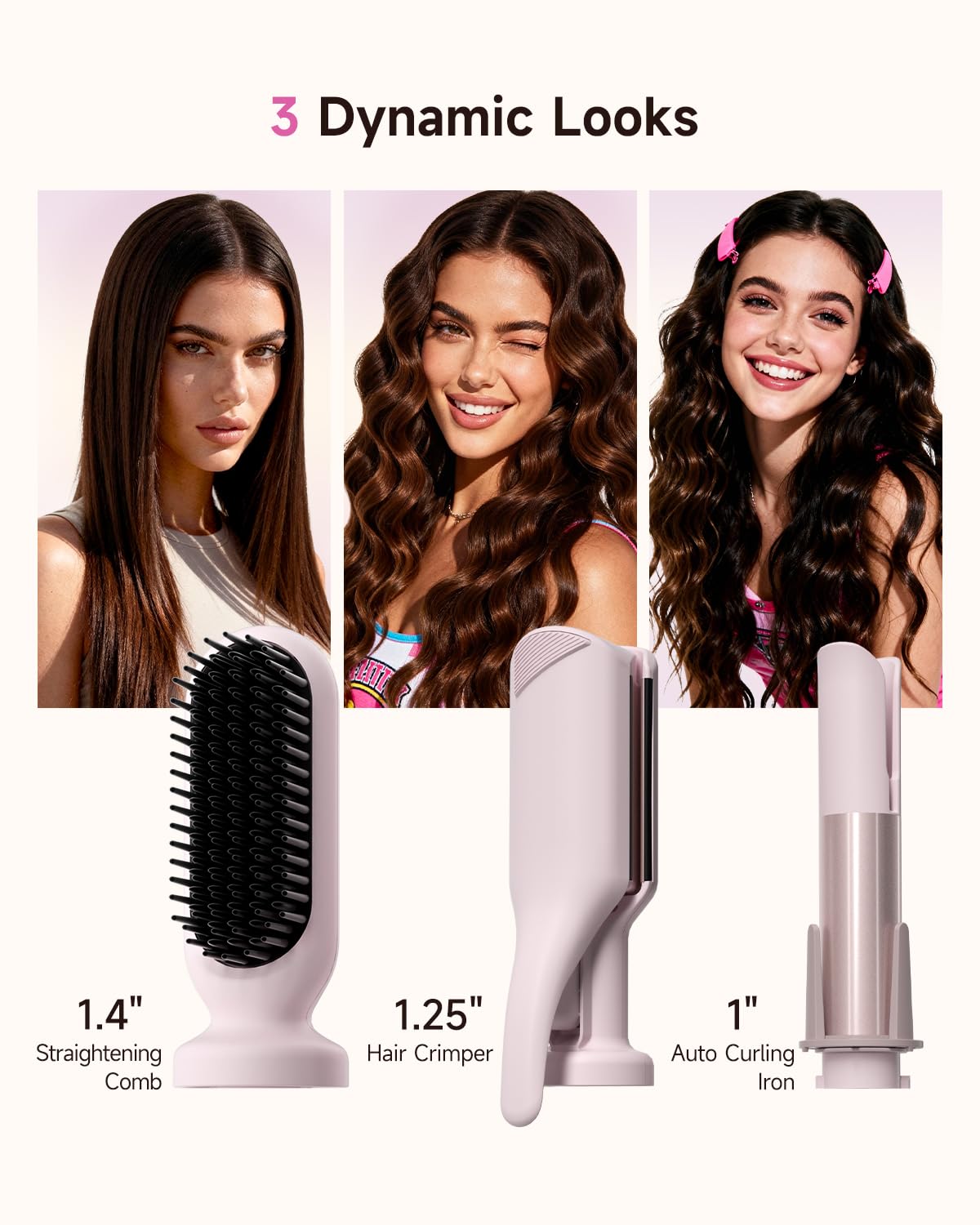 5 in 1 Auto Curling Iron Set with Interchangeable Barrels - 1", 1.25", 1.5" Curling Wand, Hair Crimper & Straightening Brush, Ro