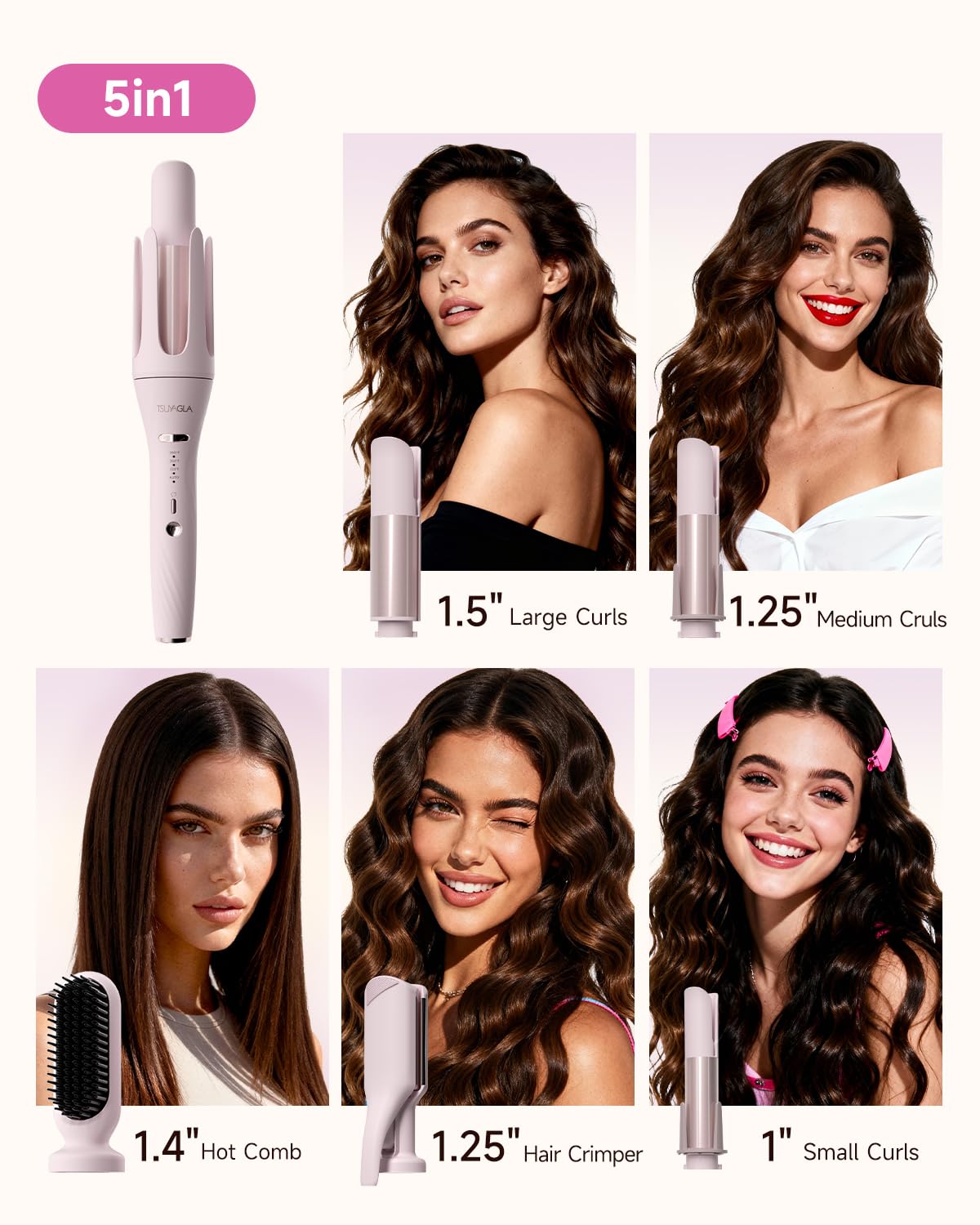 5 in 1 Auto Curling Iron Set with Interchangeable Barrels - 1", 1.25", 1.5" Curling Wand, Hair Crimper & Straightening Brush, Ro